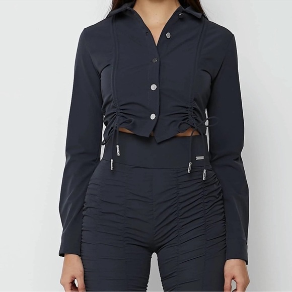 ‼️WOW‼️Maniere de Voir ruched detail shirt- navy blue- AND matchING pants ‼️ - Picture 3 of 13